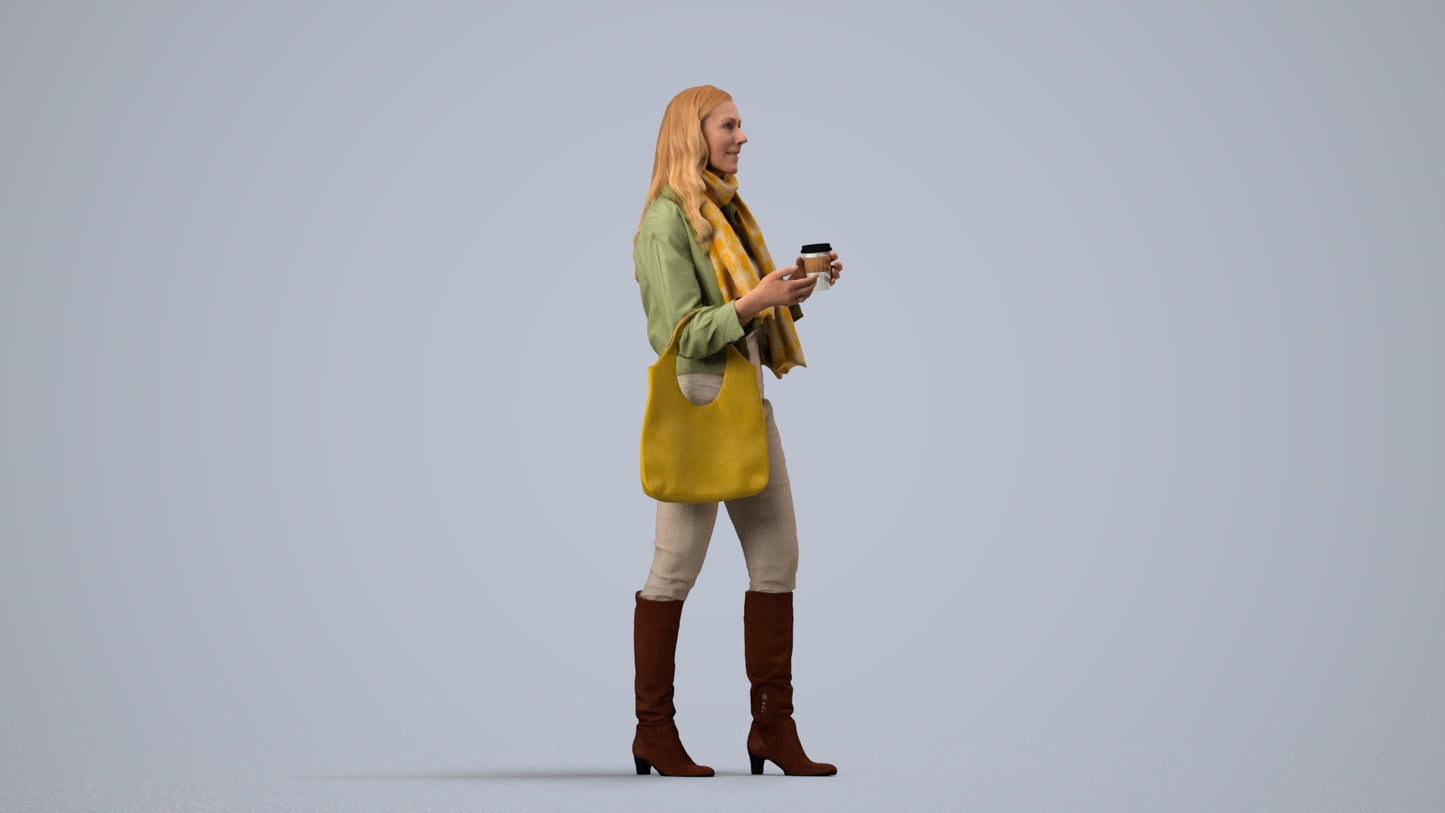 3D human model woman casual standing, photogrammetry scanned person for archviz, side view render