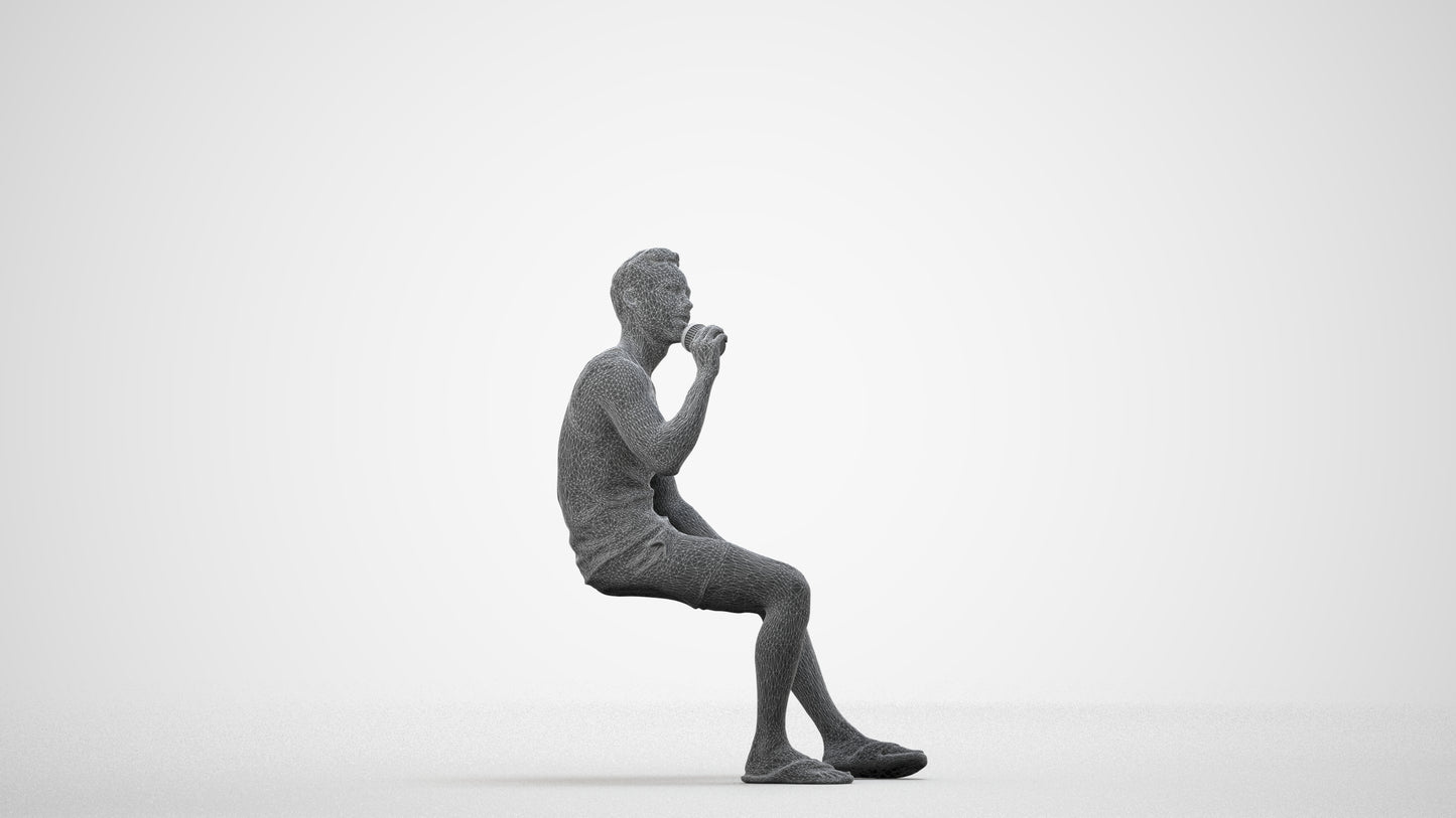 scanned 3D man casual sitting, photogrammetry people for Enscape and V-Ray, wireframe side view