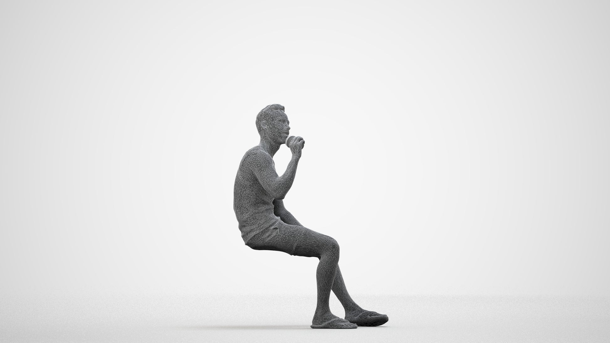 scanned 3D man casual sitting, photogrammetry people for Enscape and V-Ray, wireframe side view