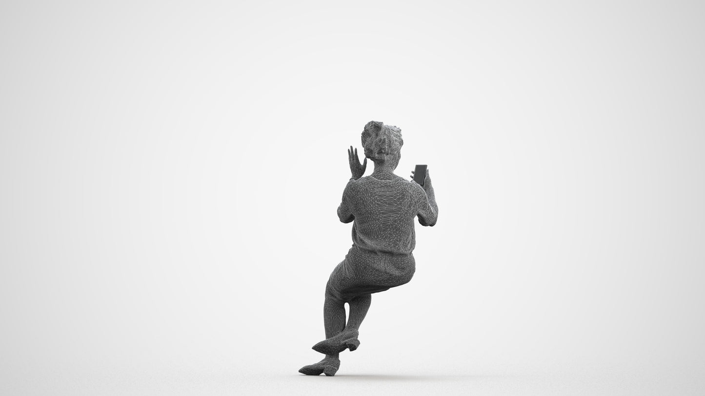 3D scanned woman sitting casual, photorealistic archviz people for Enscape and SketchUp, wireframe front view