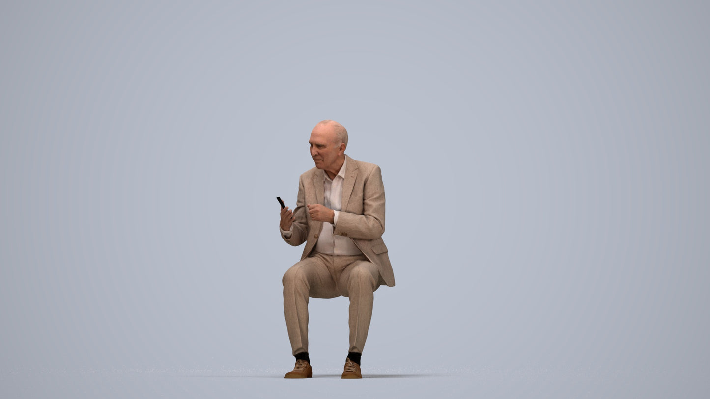 realistic 3D senior man business sitting, scanned archviz people for Blender and 3ds Max, top-down view render