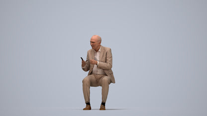 realistic 3D senior man business sitting, scanned archviz people for Blender and 3ds Max, top-down view render