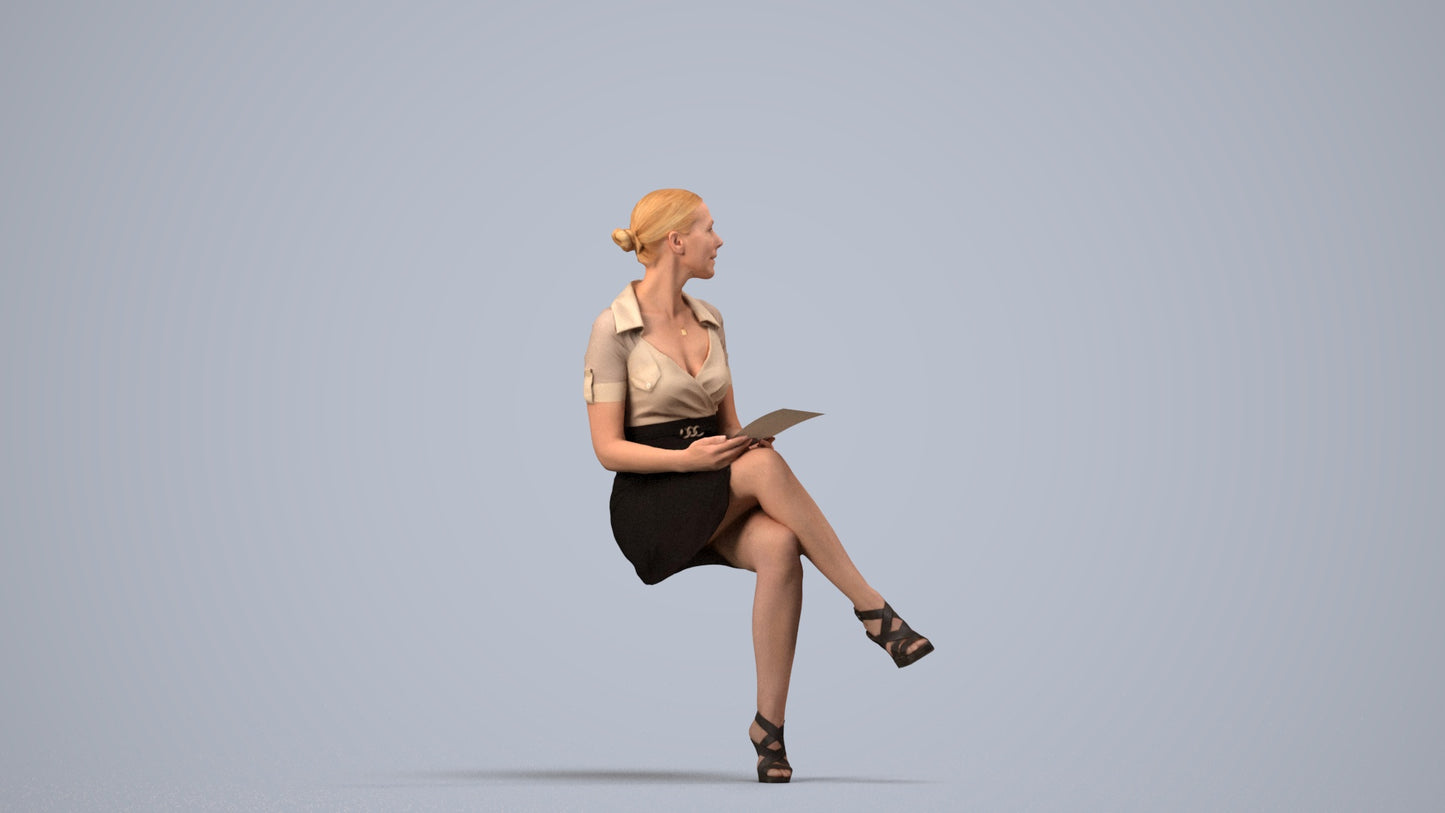 3D scanned woman sitting business, photorealistic archviz people for Enscape and SketchUp, side view render