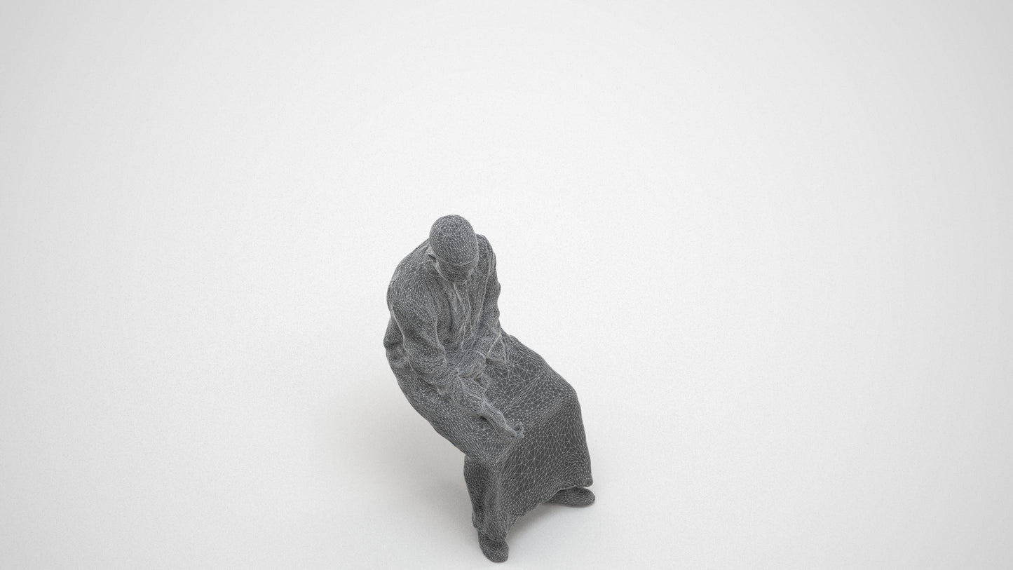 3D people model man sitting, scanned human for 3ds Max rendering, wireframe three-quarter view