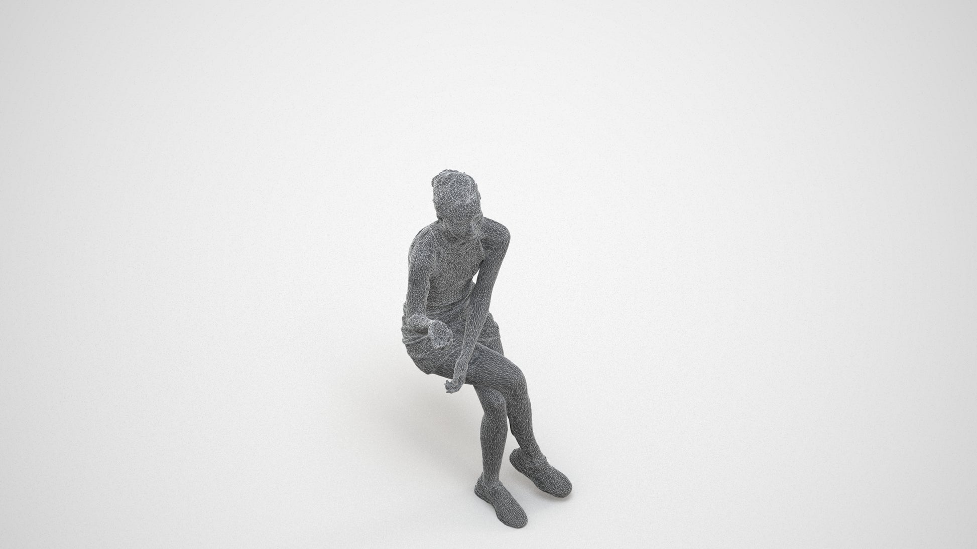 3D scanned woman sitting casual, photorealistic archviz people for Enscape and SketchUp, wireframe three-quarter view