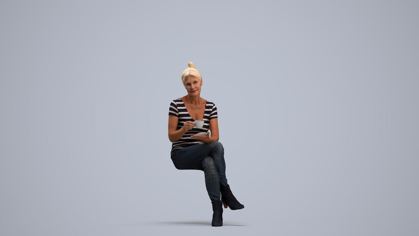 realistic 3D people senior woman casual sitting, render-ready for V-Ray and Corona, FBX OBJ, standing pose render