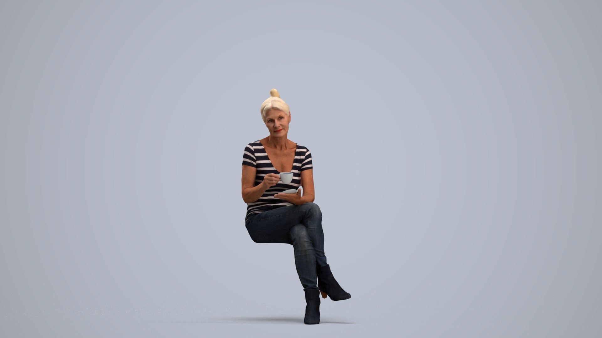 realistic 3D people senior woman casual sitting, render-ready for V-Ray and Corona, FBX OBJ, standing pose render