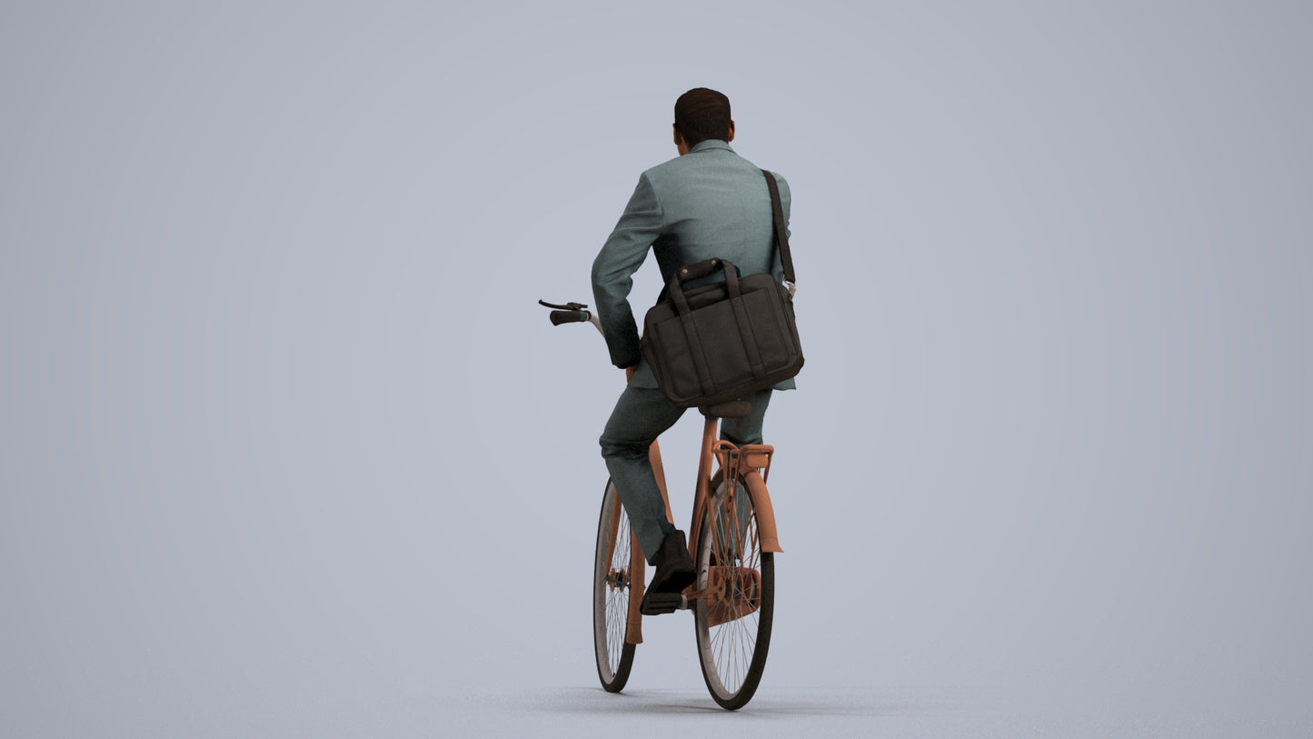 3D scanned man cycling business, photorealistic archviz people for Enscape and SketchUp, front view render