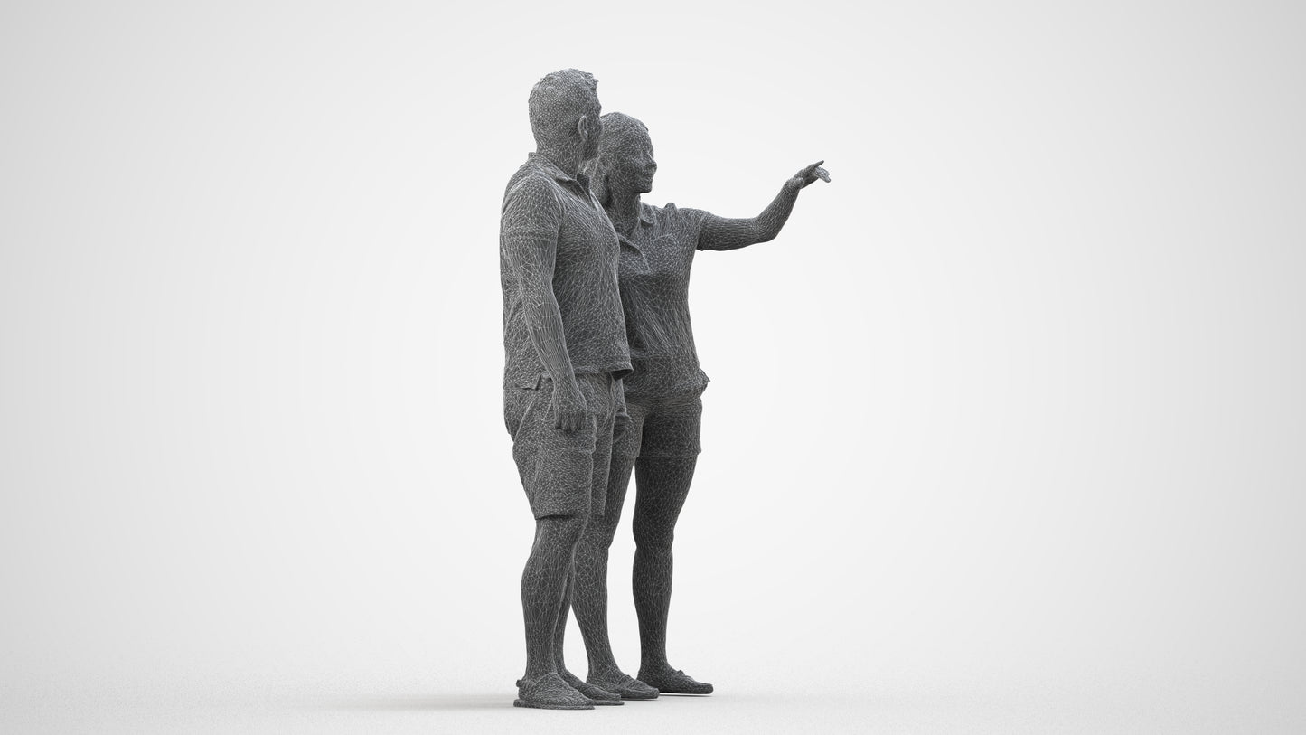 3D scanned woman couple casual, photorealistic archviz people for Enscape and SketchUp, wireframe side view