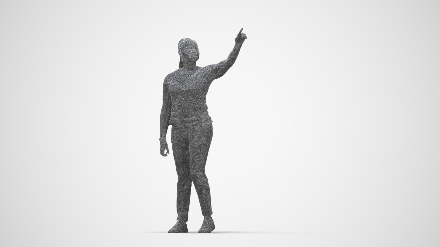 3D scanned woman standing casual, photorealistic archviz people for Enscape and SketchUp, wireframe back view