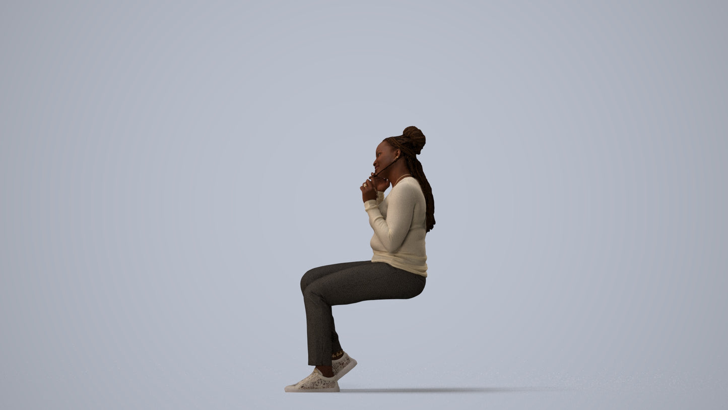 realistic 3D people woman casual sitting, render-ready for V-Ray and Corona, FBX OBJ, three-quarter view render