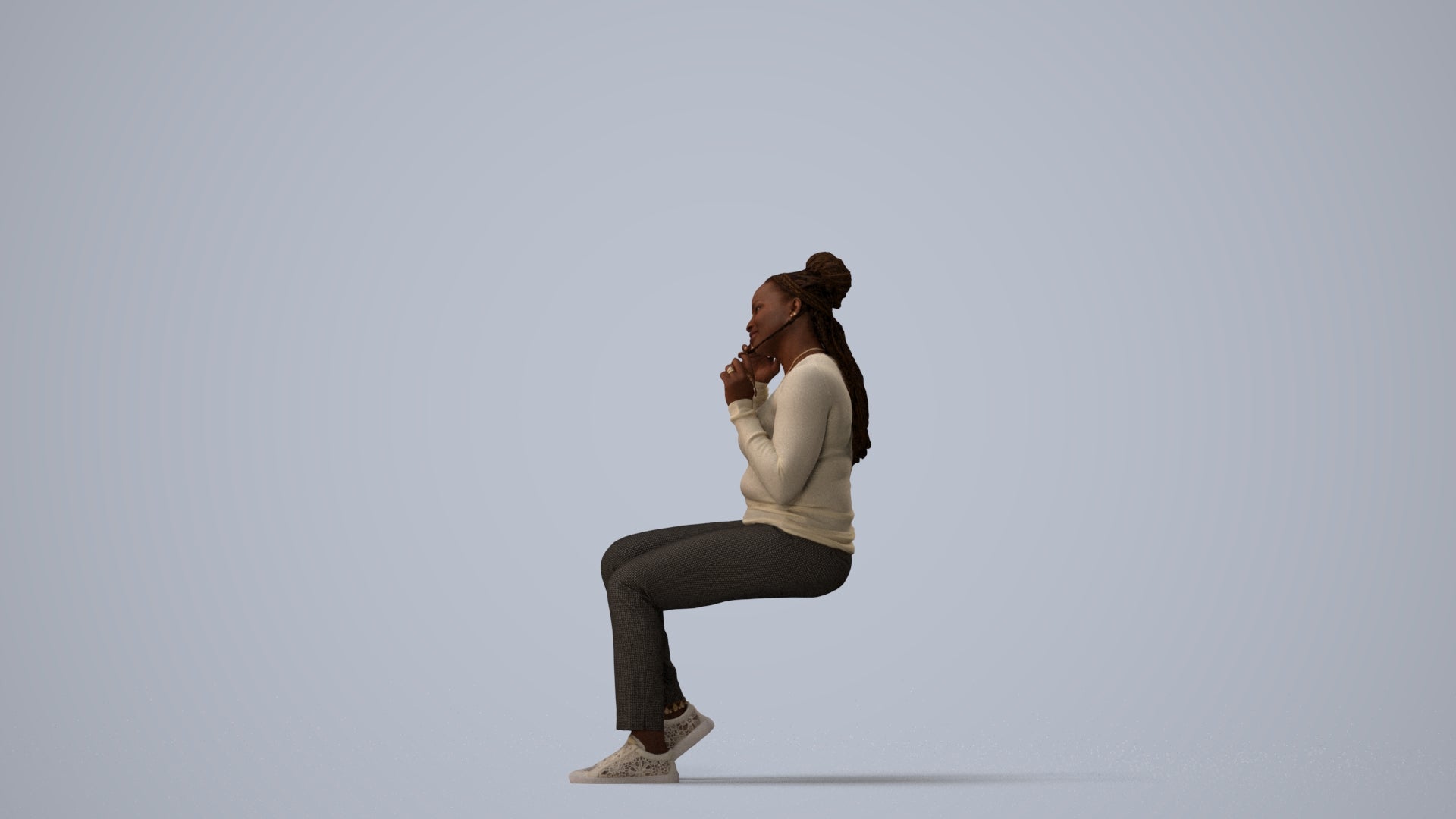 realistic 3D people woman casual sitting, render-ready for V-Ray and Corona, FBX OBJ, three-quarter view render