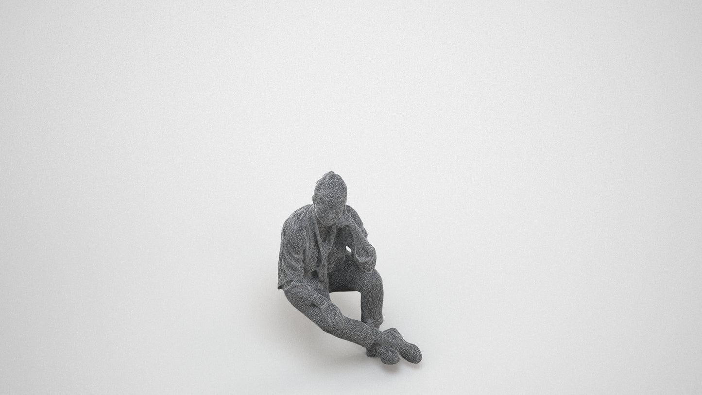 3D human model woman casual sitting, photogrammetry scanned person for archviz, wireframe three-quarter view