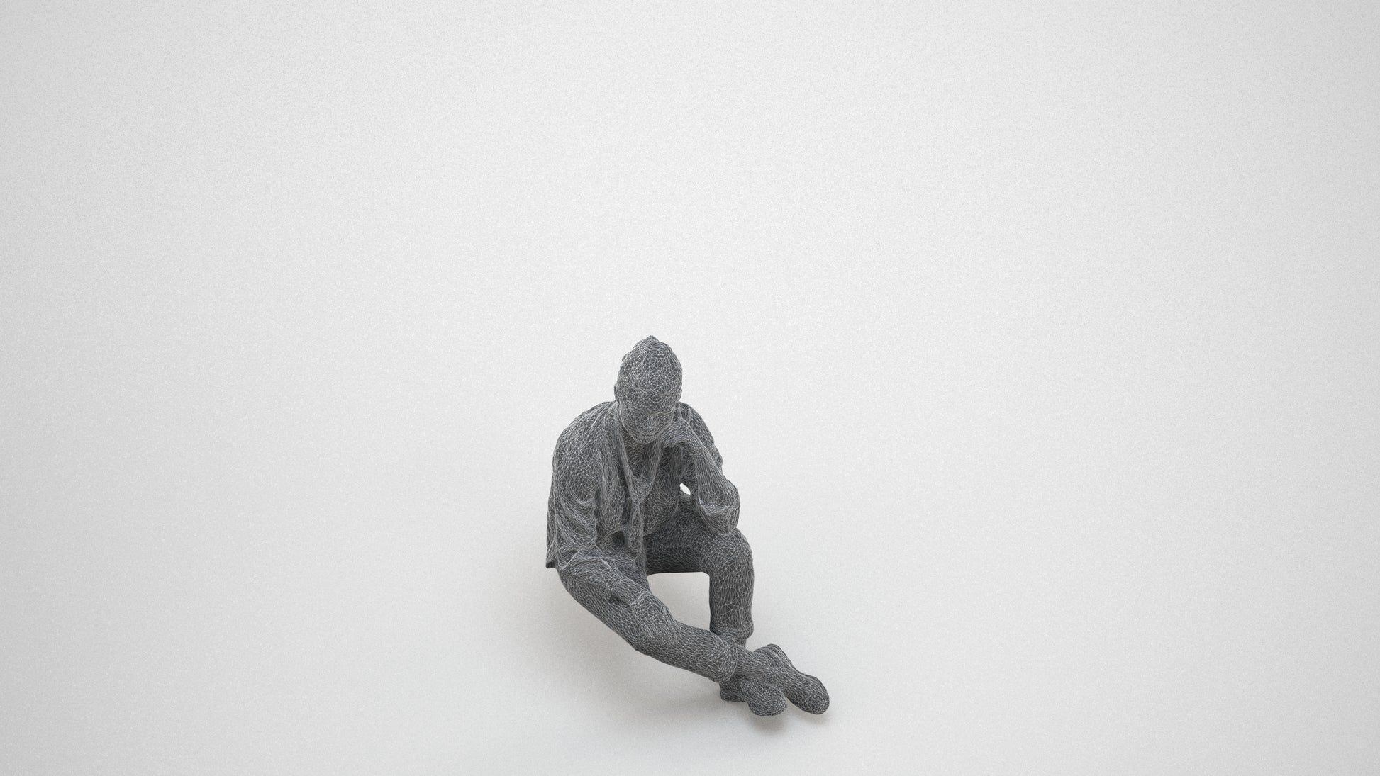3D human model woman casual sitting, photogrammetry scanned person for archviz, wireframe three-quarter view