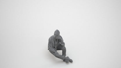 3D human model woman casual sitting, photogrammetry scanned person for archviz, wireframe three-quarter view