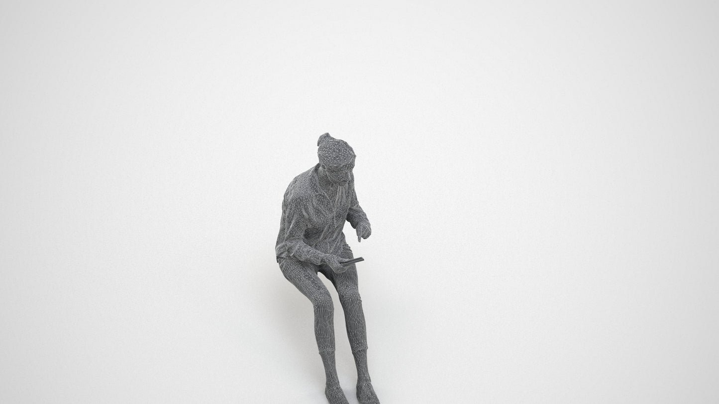 3D scanned senior woman sitting casual, photorealistic archviz people for Enscape and SketchUp, wireframe three-quarter view
