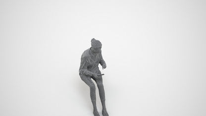 3D scanned senior woman sitting casual, photorealistic archviz people for Enscape and SketchUp, wireframe three-quarter view