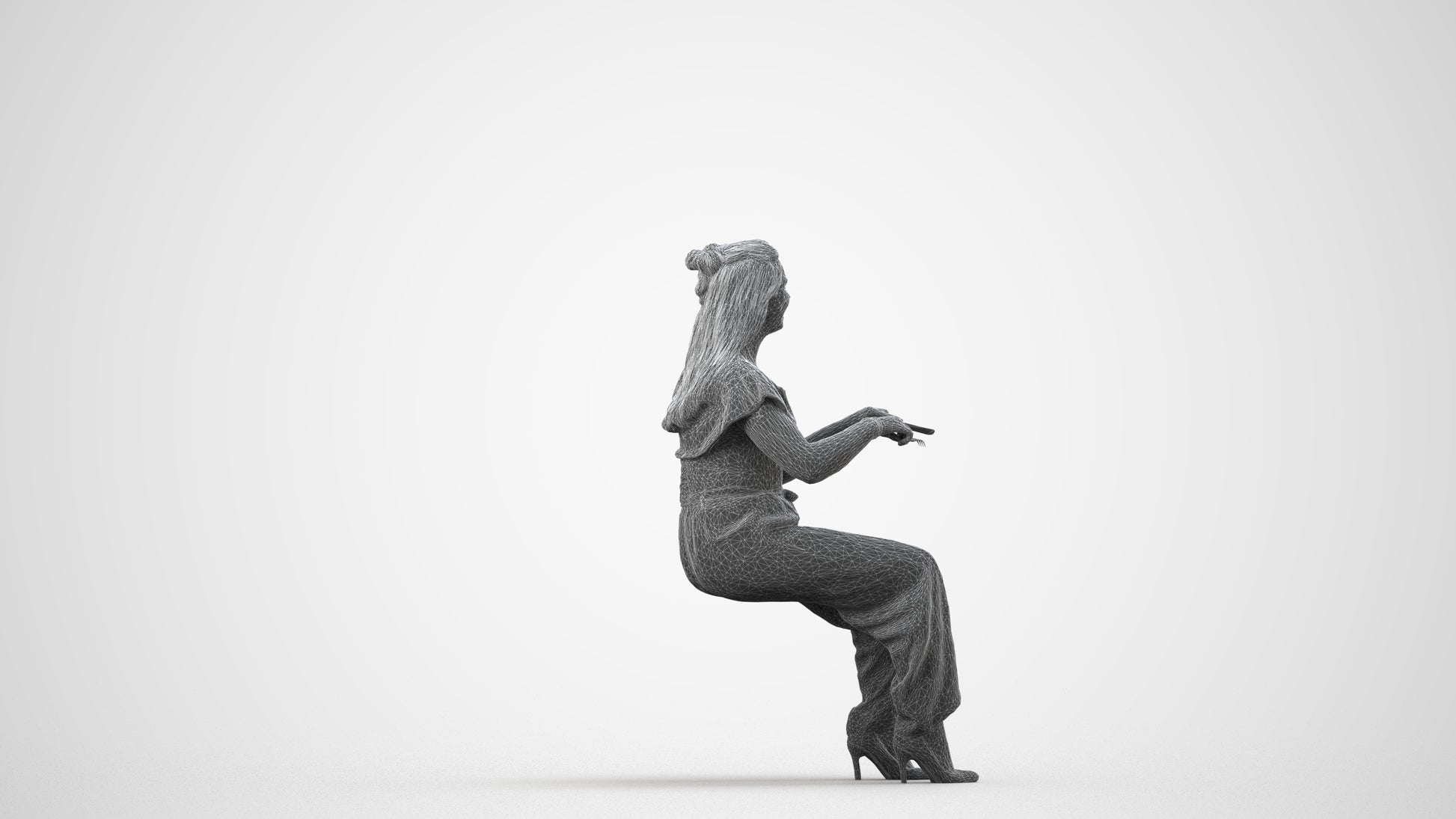 realistic 3D people woman casual sitting, render-ready for V-Ray and Corona, FBX OBJ, wireframe side view