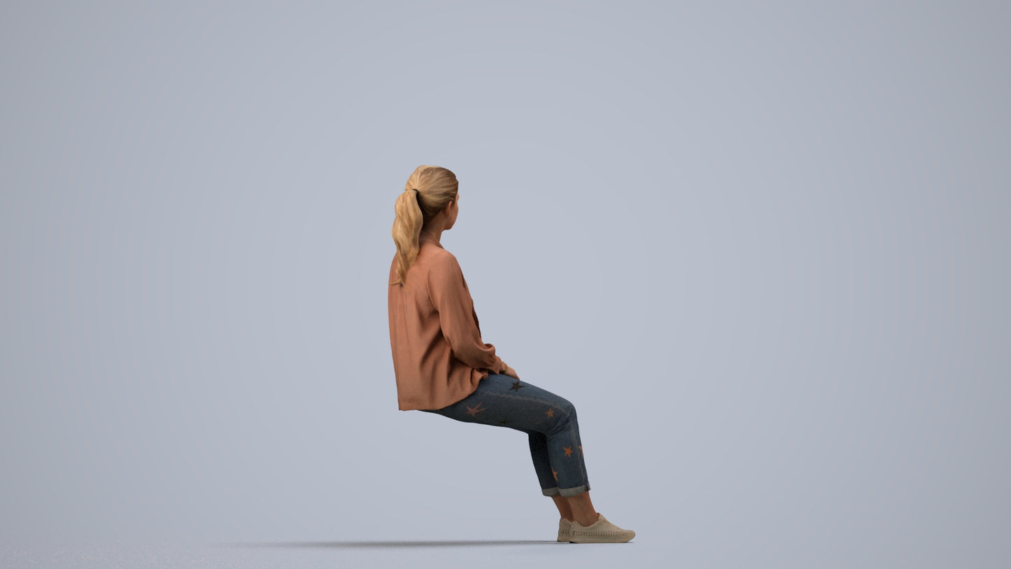 realistic 3D people woman casual sitting, render-ready for V-Ray and Corona, FBX OBJ, side view render