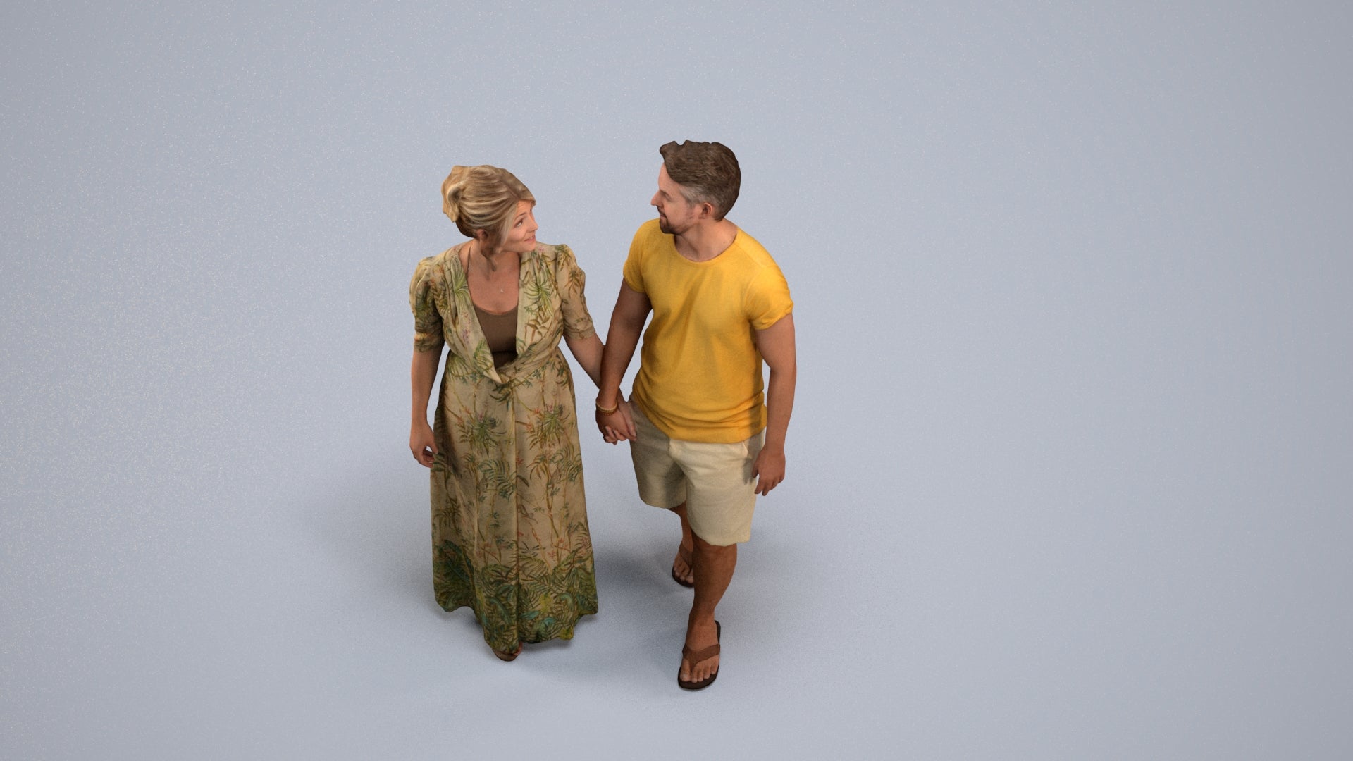 3D human model woman couple, photogrammetry scanned person for archviz, back view render