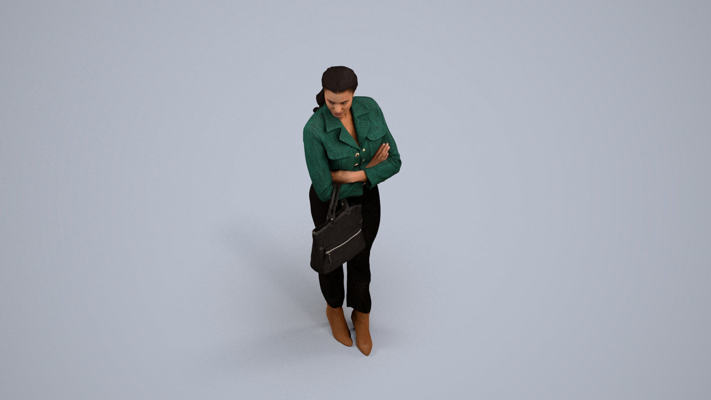 realistic 3D human woman business standing, archviz people FBX OBJ for Blender, back view render