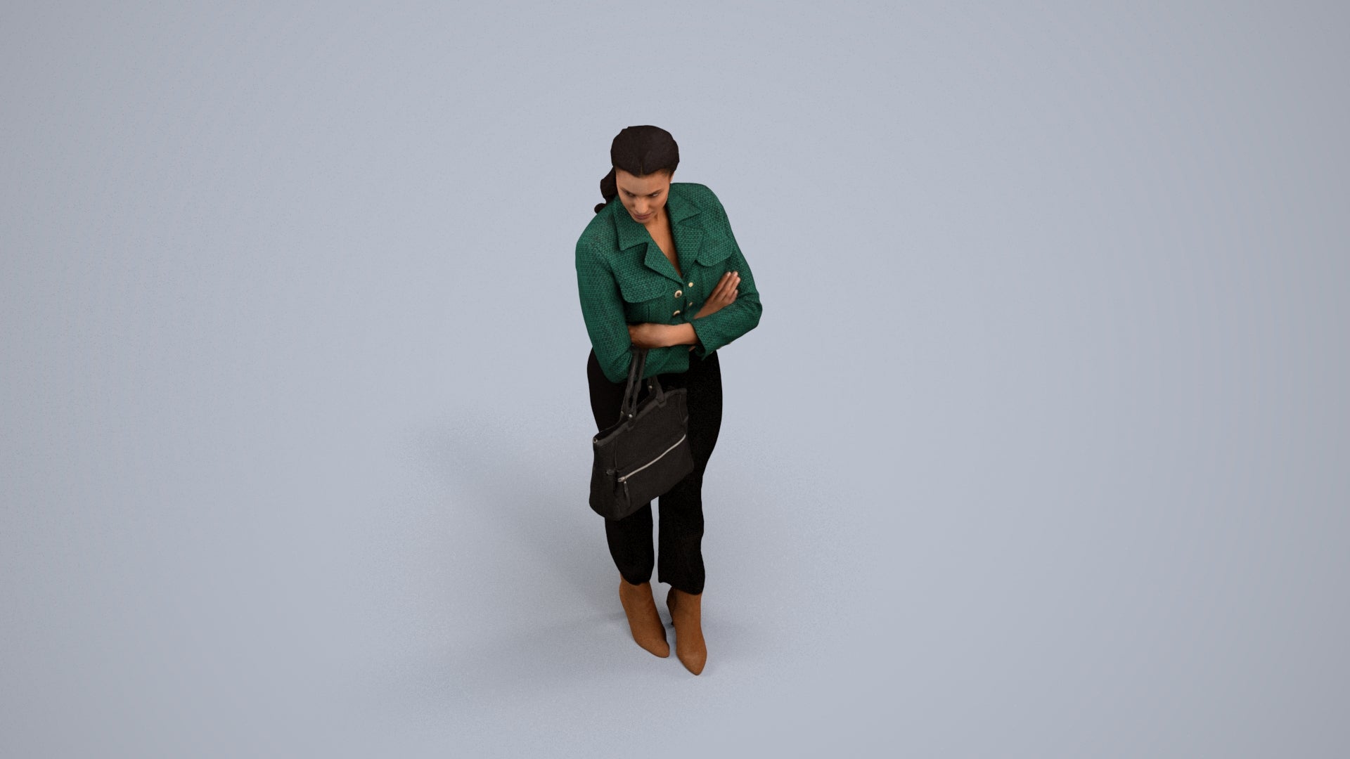 realistic 3D human woman business standing, archviz people FBX OBJ for Blender, back view render
