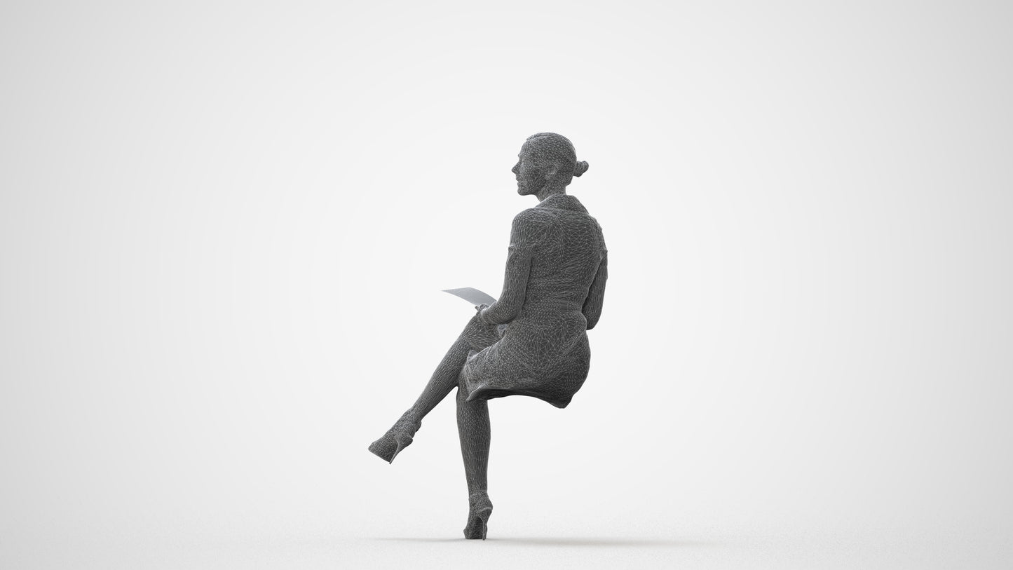 3D scanned woman sitting business, photorealistic archviz people for Enscape and SketchUp, square thumbnail