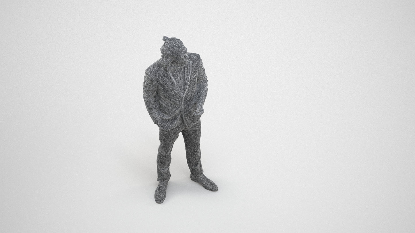3D human model man formal formalaffairs, photogrammetry scanned person for archviz, wireframe three-quarter view