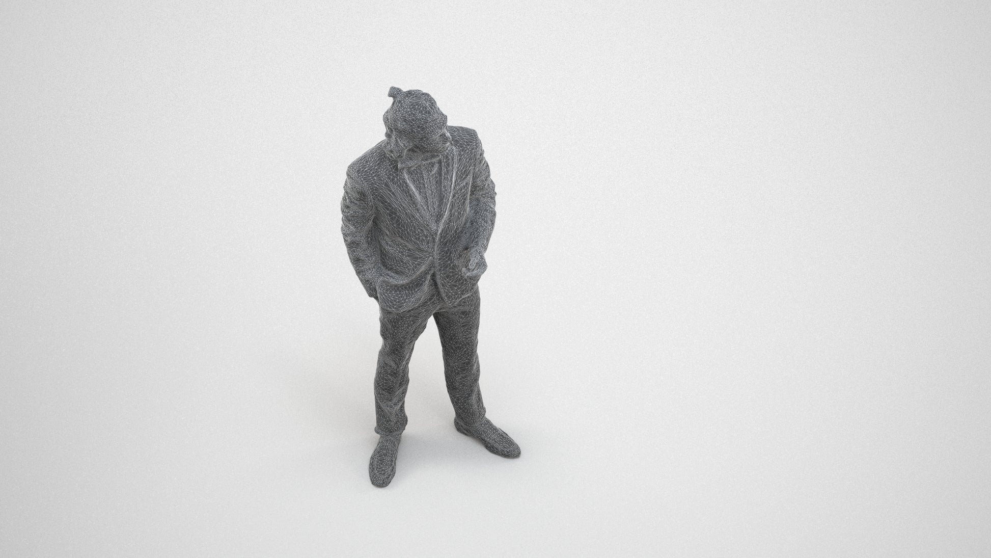 3D human model man formal formalaffairs, photogrammetry scanned person for archviz, wireframe three-quarter view