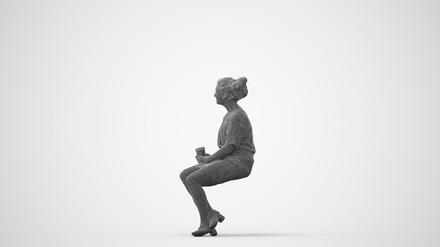 3D human model woman casual sitting, photogrammetry scanned person for archviz, square thumbnail