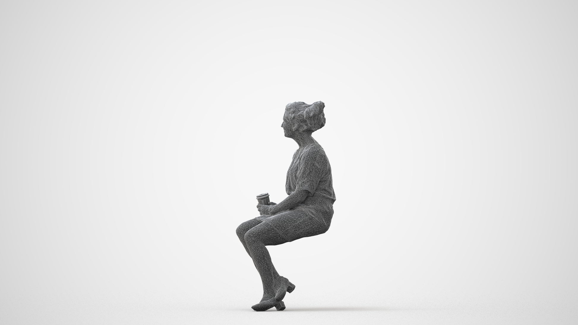 3D human model woman casual sitting, photogrammetry scanned person for archviz, square thumbnail