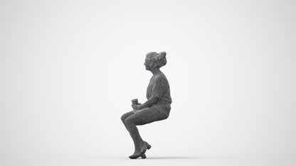 3D human model woman casual sitting, photogrammetry scanned person for archviz, square thumbnail