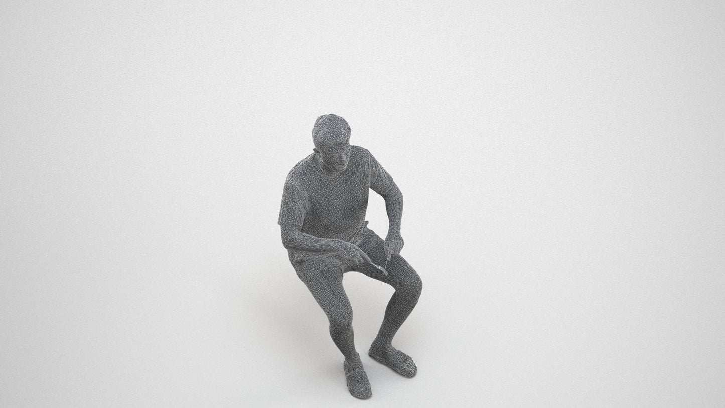3D human model man casual sitting, photogrammetry scanned person for archviz, wireframe three-quarter view