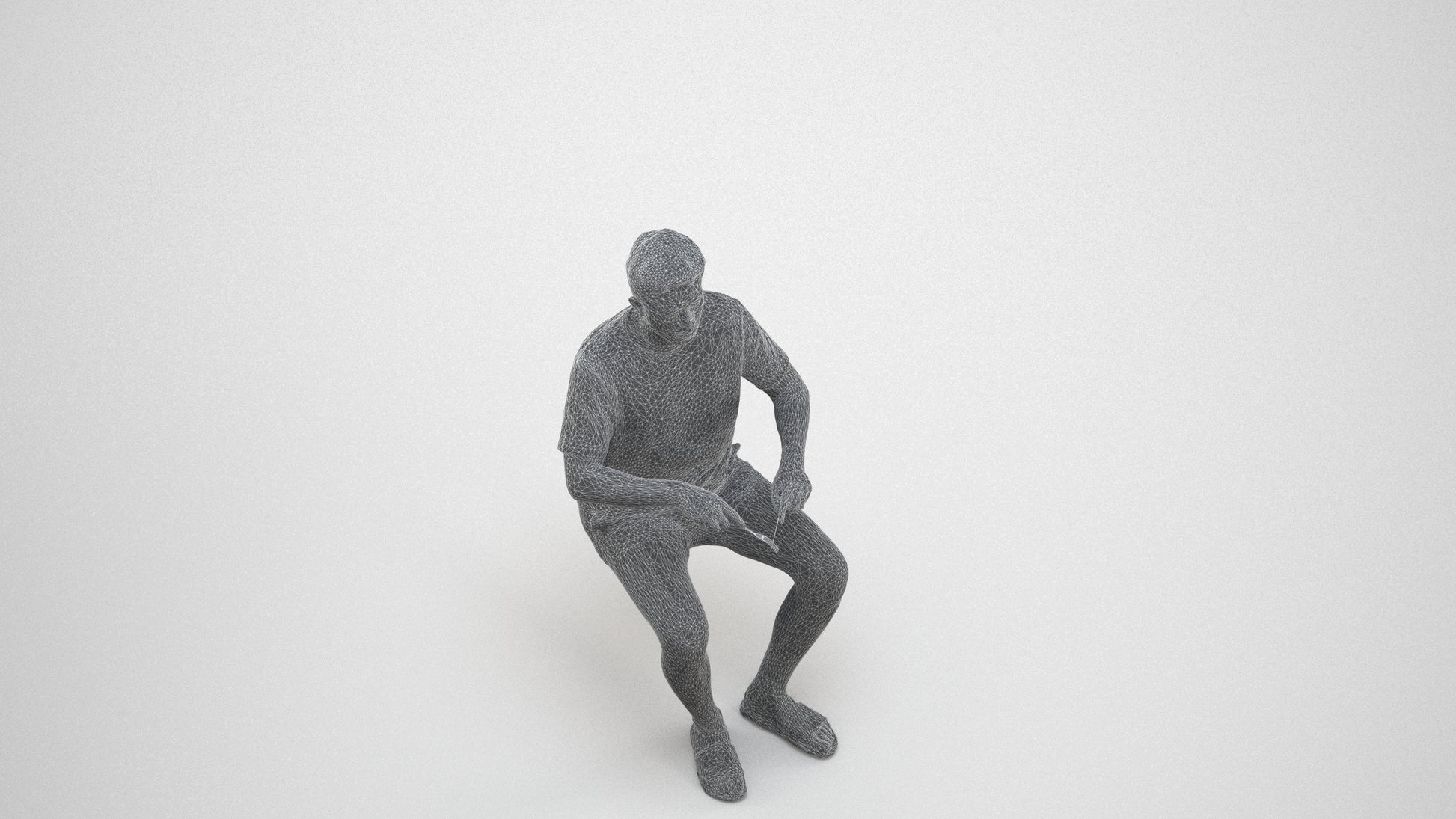 3D human model man casual sitting, photogrammetry scanned person for archviz, wireframe three-quarter view