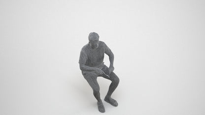3D human model man casual sitting, photogrammetry scanned person for archviz, wireframe three-quarter view