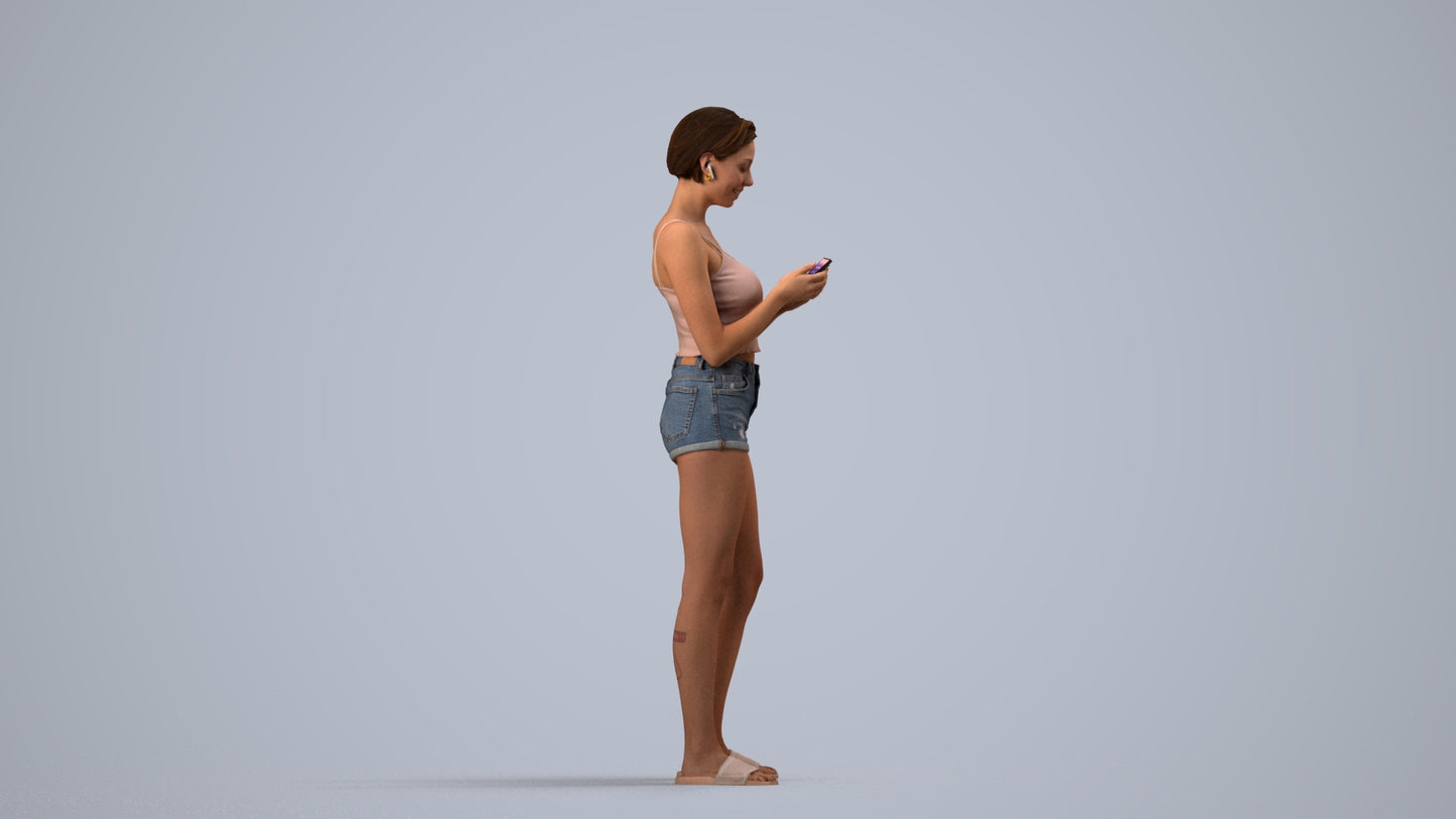 3D human model woman casual standing, photogrammetry scanned person for archviz, side view render