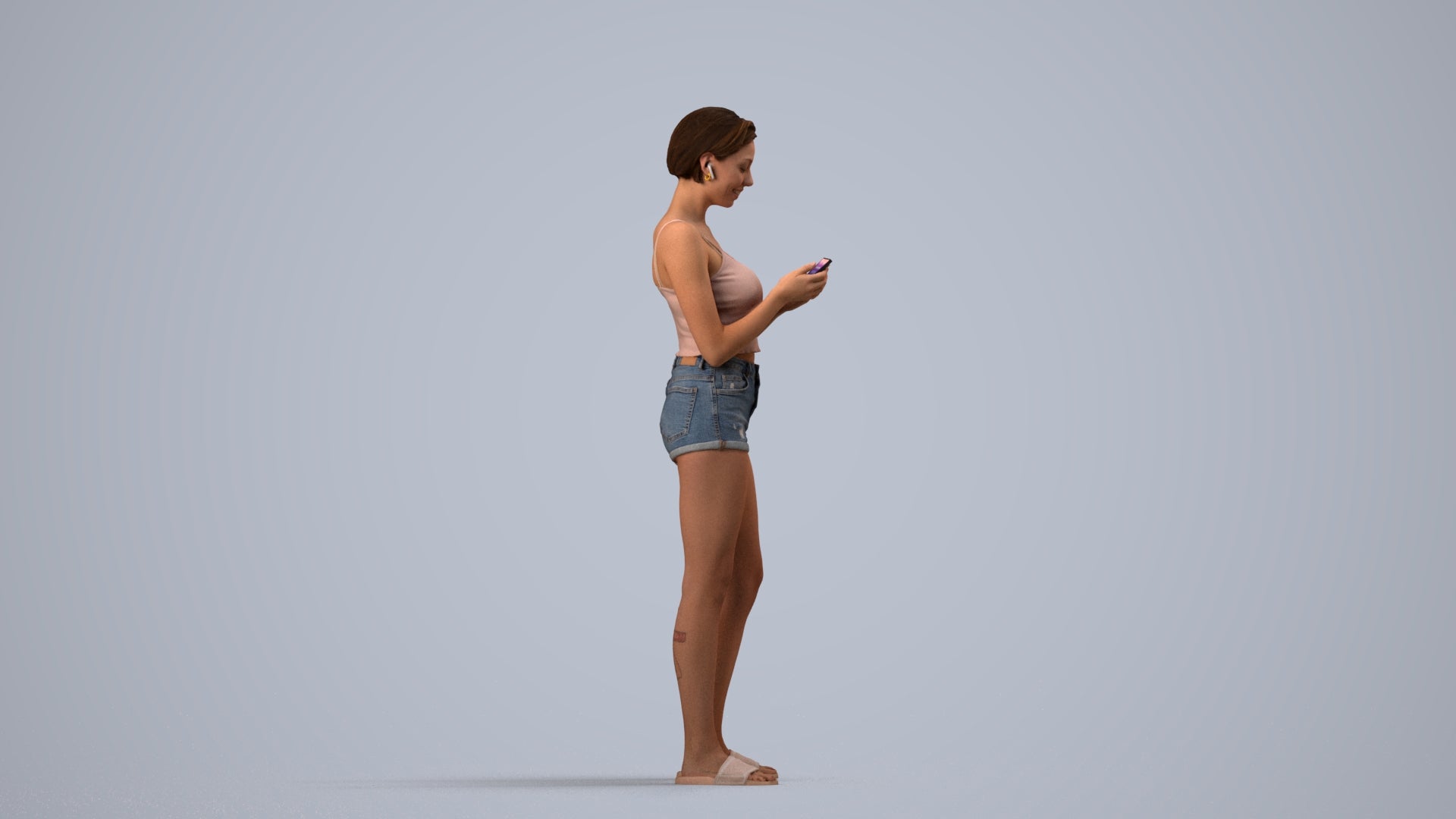 3D human model woman casual standing, photogrammetry scanned person for archviz, side view render