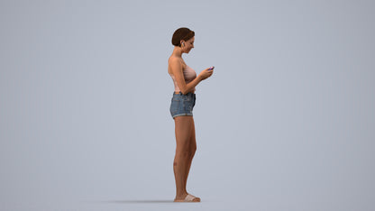 3D human model woman casual standing, photogrammetry scanned person for archviz, side view render