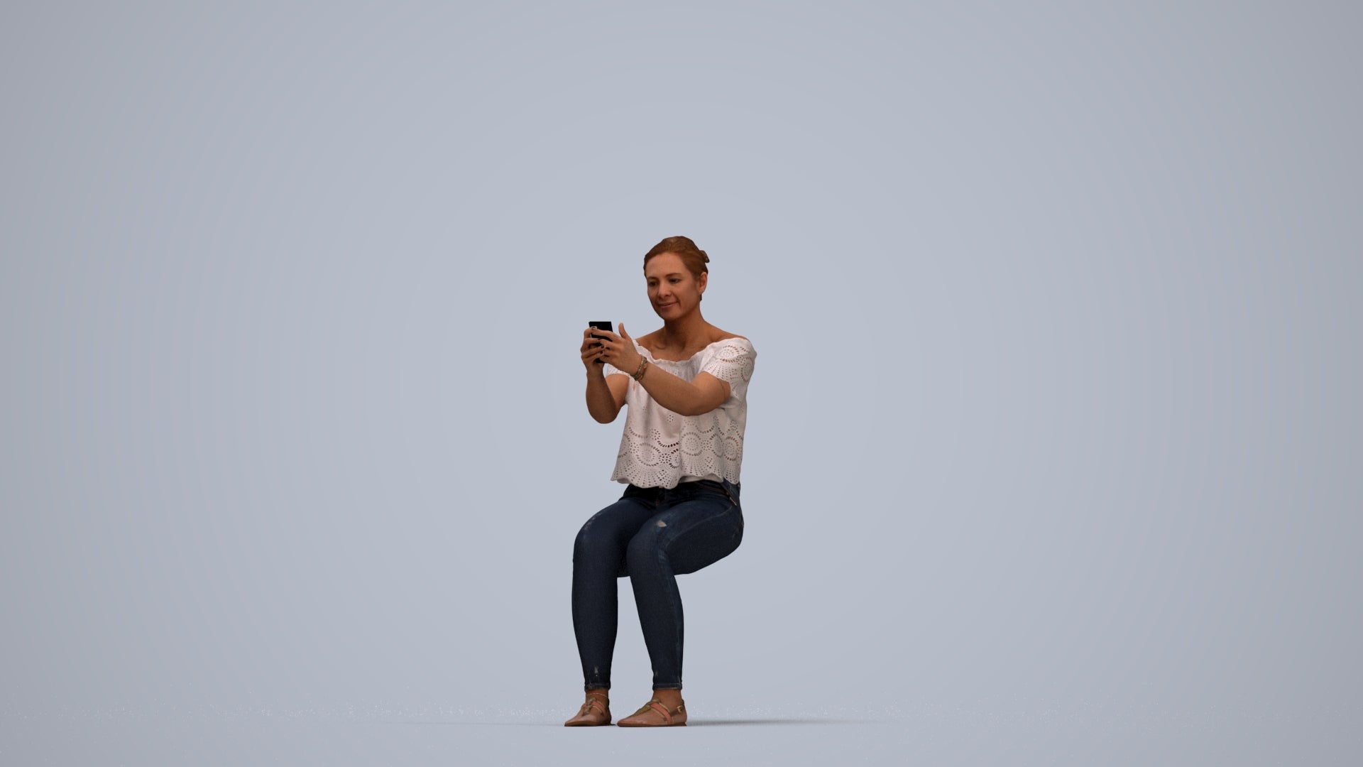 photogrammetry 3D woman casual sitting, realistic human model archviz FBX, top-down view render