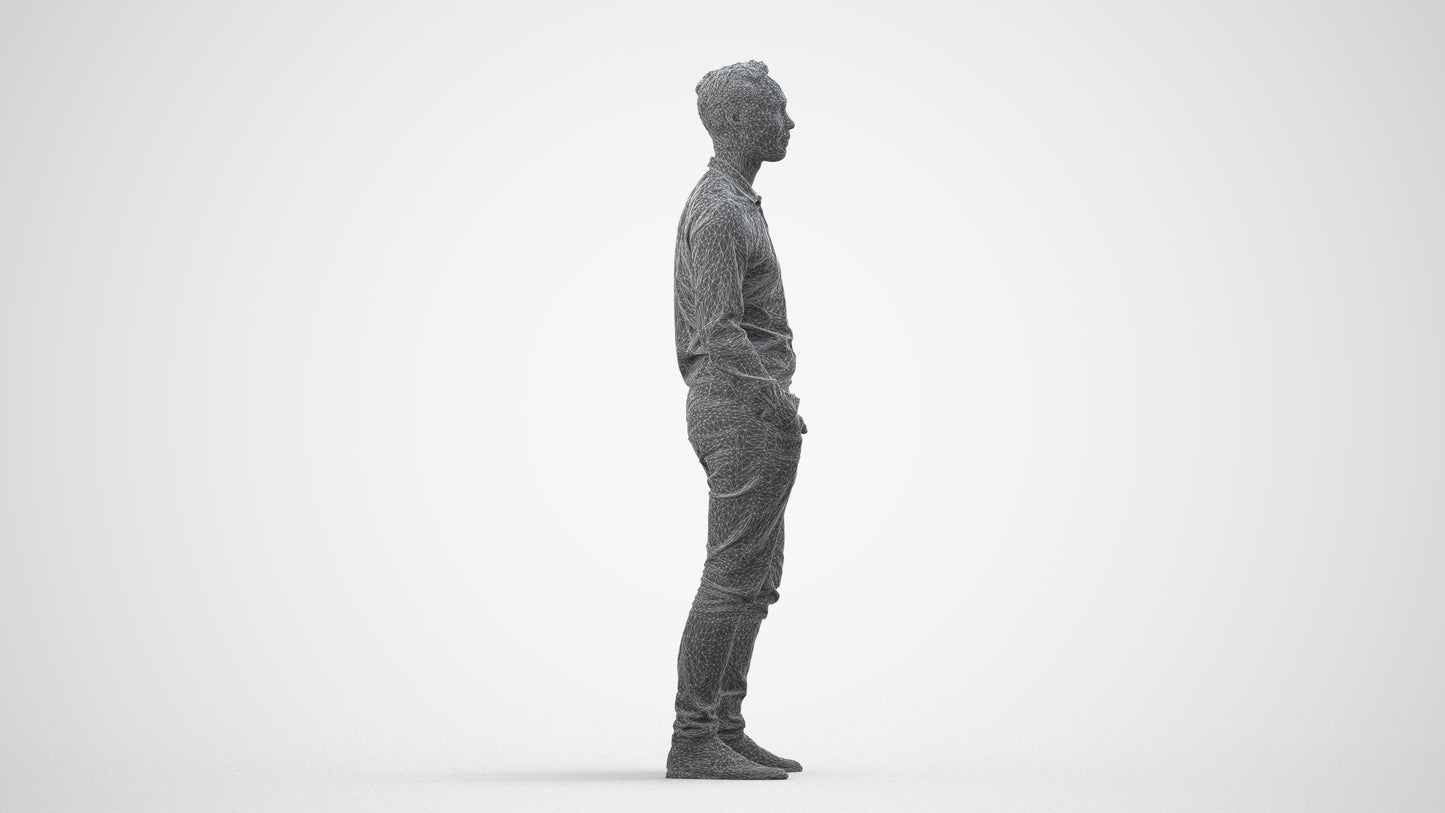 realistic 3D human man casual standing, archviz people FBX OBJ for Blender, wireframe side view
