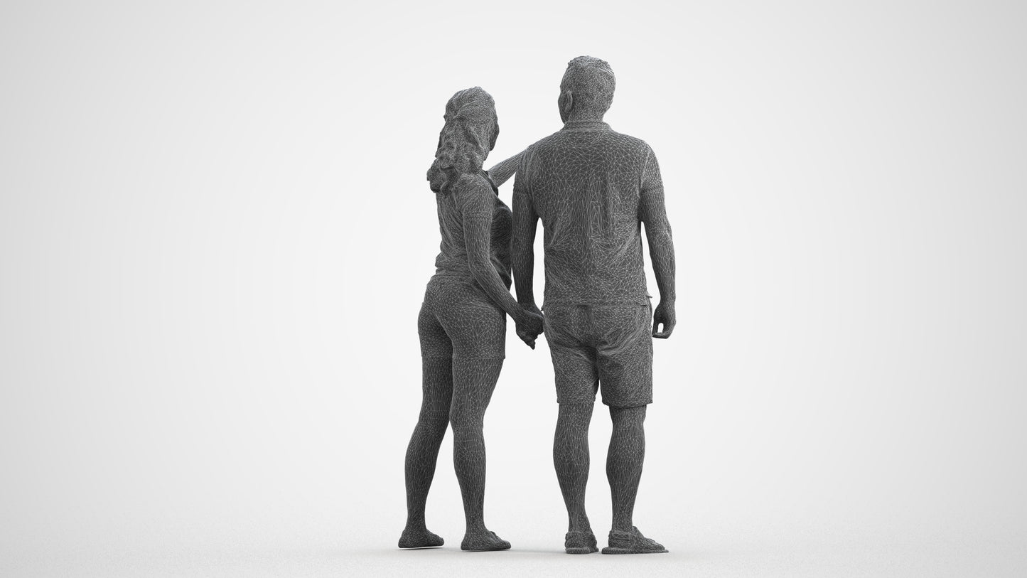 3D scanned woman couple casual, photorealistic archviz people for Enscape and SketchUp, wireframe front view