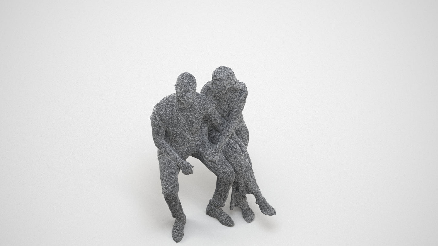 realistic 3D woman casual couple, scanned archviz people for Blender and 3ds Max, wireframe three-quarter view