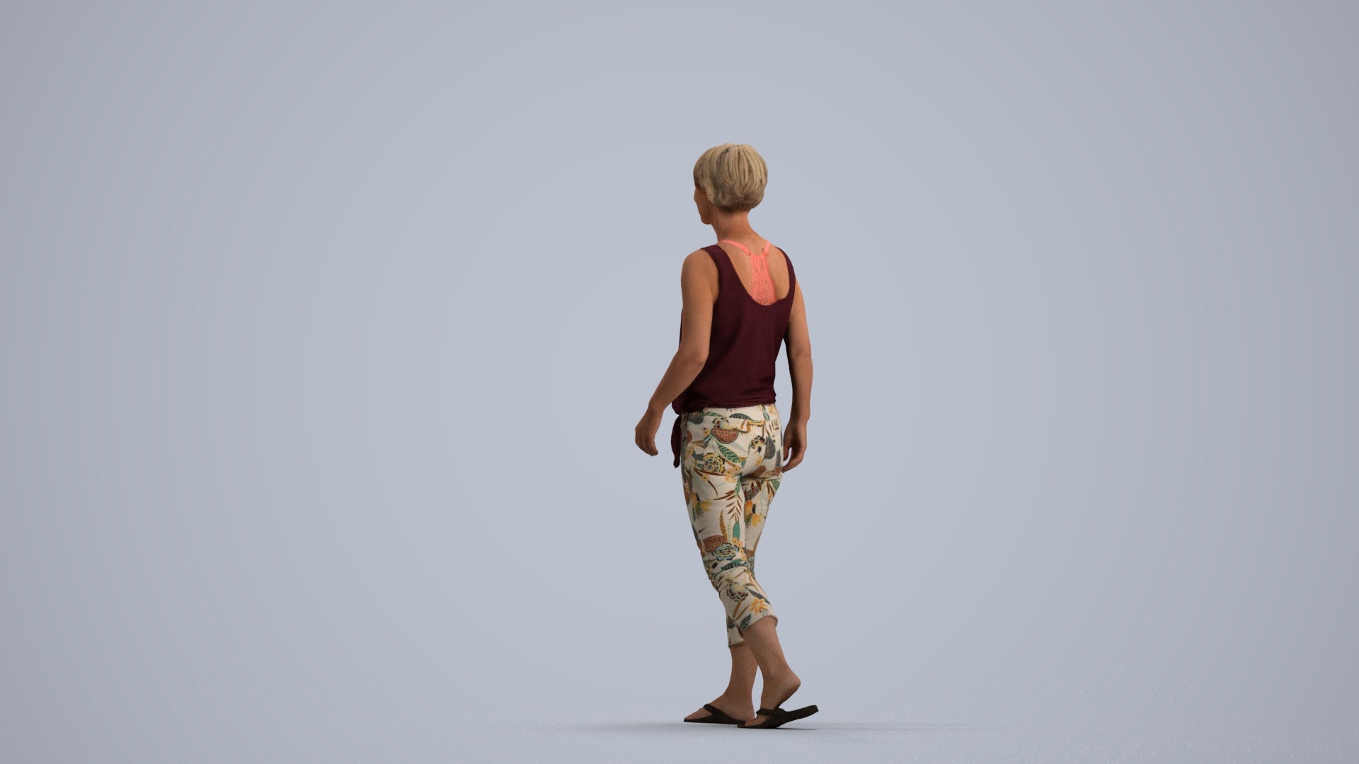3D human model senior woman walking, photogrammetry scanned person for archviz, front view render