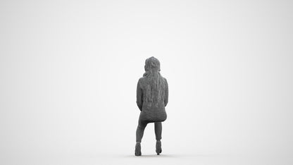 3D human model woman casual sitting, photogrammetry scanned person for archviz, wireframe front view