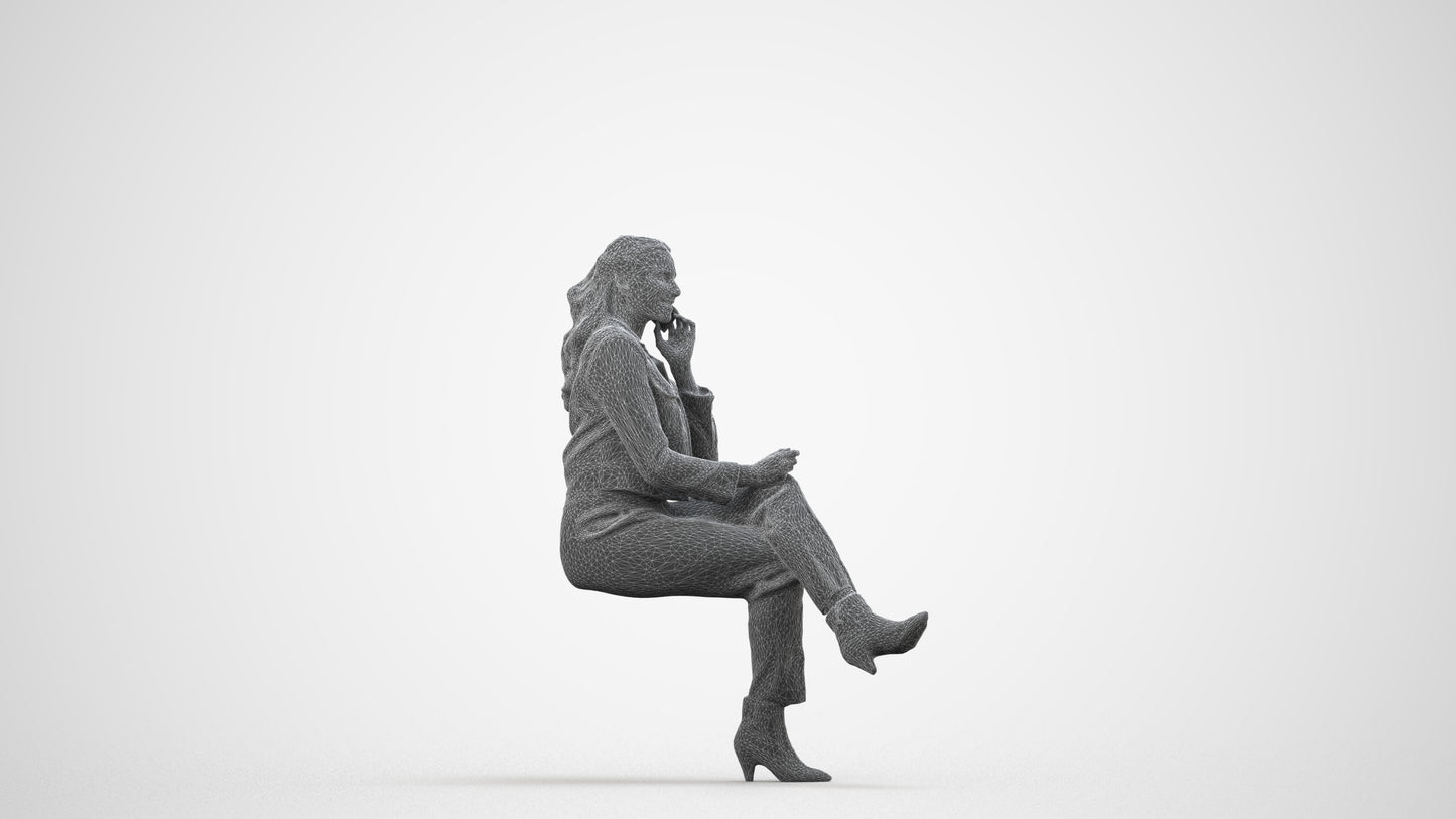 realistic 3D human woman business sitting, archviz people FBX OBJ for Blender, wireframe side view