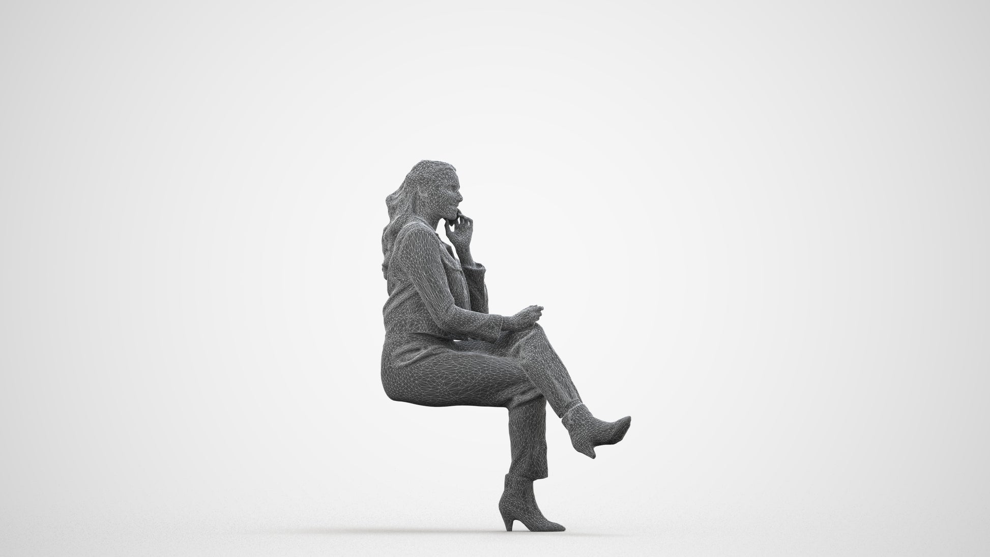 realistic 3D human woman business sitting, archviz people FBX OBJ for Blender, wireframe side view