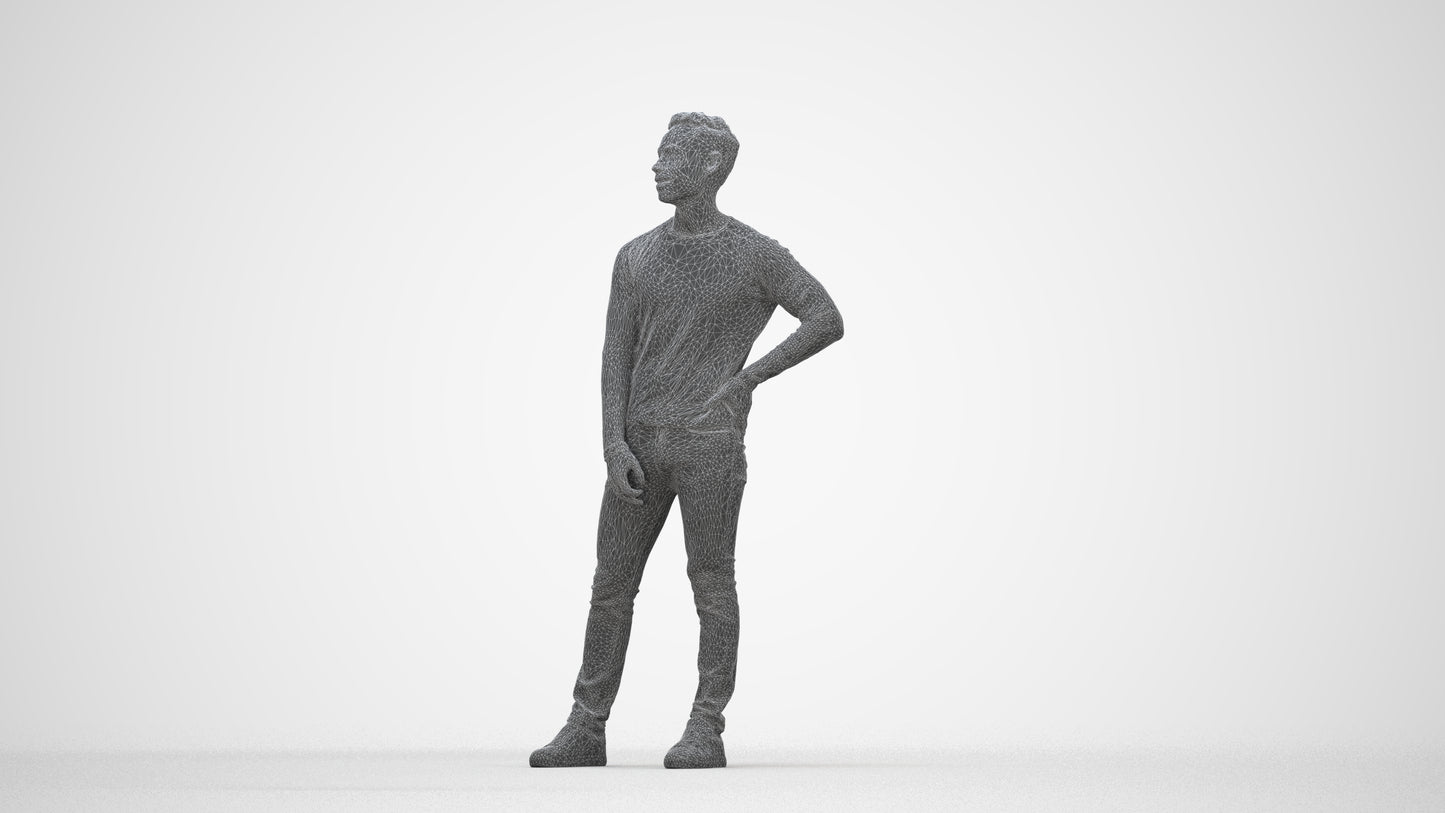 realistic 3D man casual standing, scanned archviz people for Blender and 3ds Max, wireframe back view