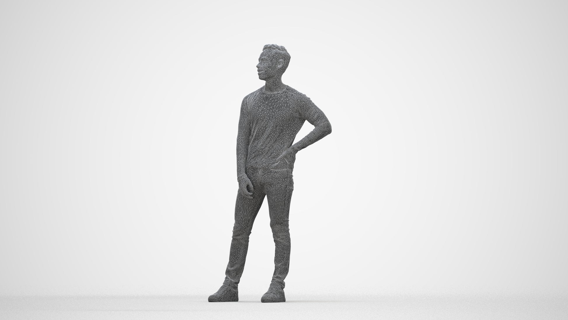 realistic 3D man casual standing, scanned archviz people for Blender and 3ds Max, wireframe back view