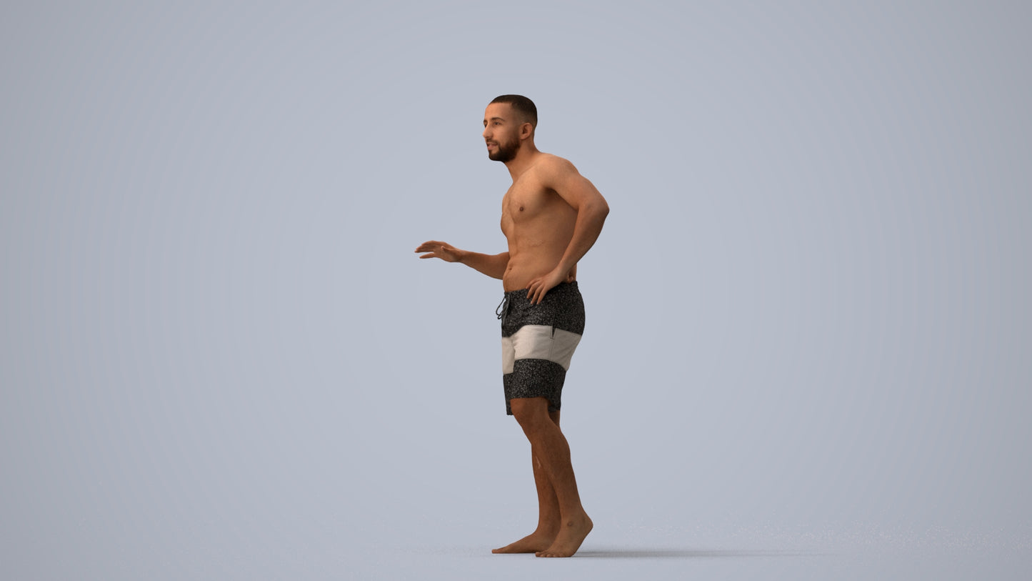 realistic 3D human man pool, archviz people FBX OBJ for Blender, three-quarter view render