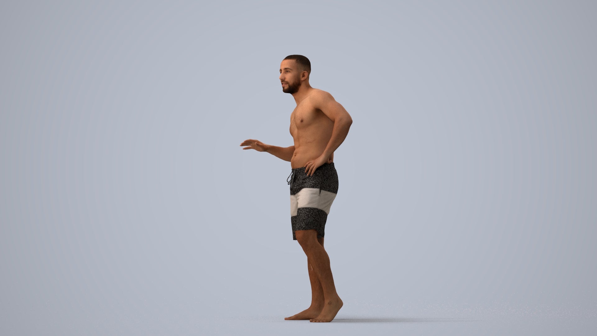 realistic 3D human man pool, archviz people FBX OBJ for Blender, three-quarter view render